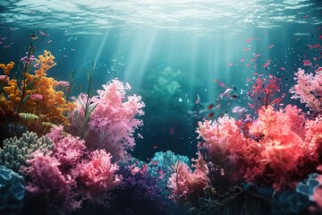 Fototapeta premium Flower sea living coral and reef color under deep dark water of sea ocean environment.
