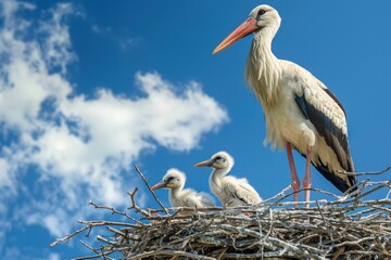 Stork with two chicks in nest against blue sky.