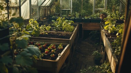 Obraz premium Bright and Lush Greenhouse with Various Plants and Vegetables