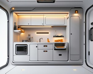 Obraz premium A futuristic motorhome featuring foldable robotic furniture and hidden compartments