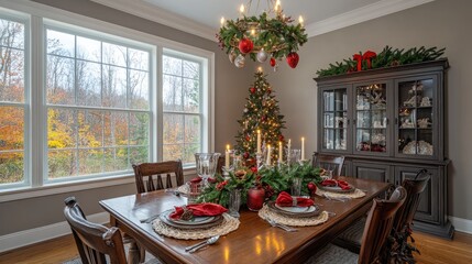 Fototapeta premium Festive Holiday Dining Room Decorated for Family Gatherings