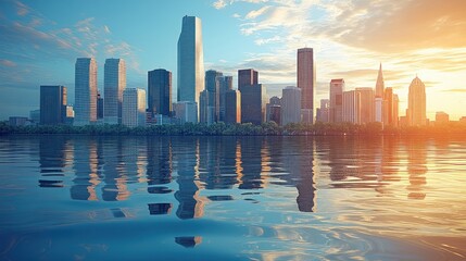 Fototapeta premium A vibrant city skyline reflected in calm water during sunset.