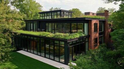A minimalist residential home featuring clean lines, large glass windows, and sustainable green rooftops