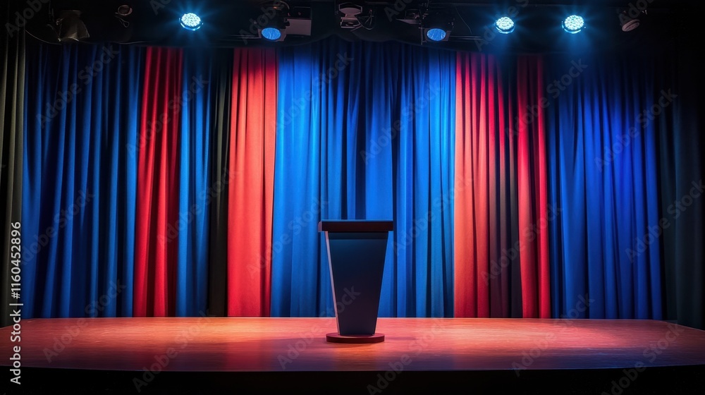 Poster empty stage with microphone and colorful curtain backdrop for events