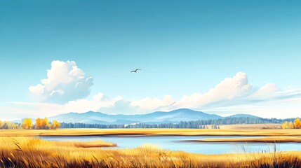 Obraz premium Serene Autumn Landscape: Digitally Painted, Vividly Colorful Illustration. AI Generated
