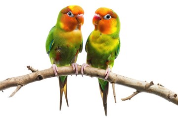 Fototapeta premium Two colorful lovebirds perching on branch, isolated on white.