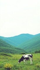 Obraz premium A cow grazes in a lush green valley surrounded by rolling hills.