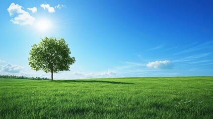 Solitary Tree in a Verdant Grassy Field Under a Blue Sky