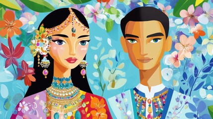 Fototapeta premium Vibrant Couple in Traditional Attire Surrounded by Colorful Flora
