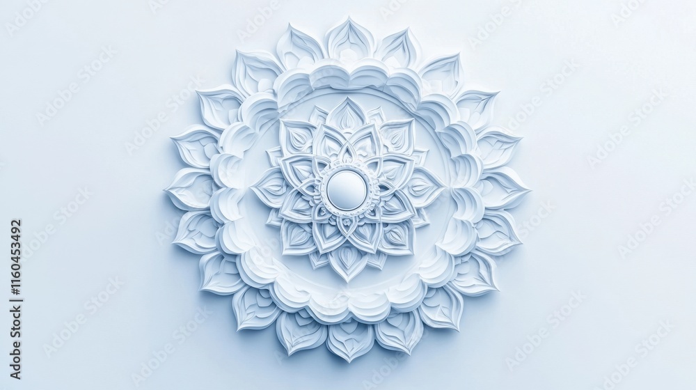 Poster intricate white mandala design on soft background with dimensional layering