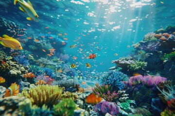 Naklejka premium underwater coral reef landscape background in the deep blue ocean with colorful fish and marine life