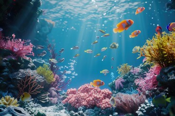 Naklejka premium underwater coral reef landscape background in the deep blue ocean with colorful fish and marine life