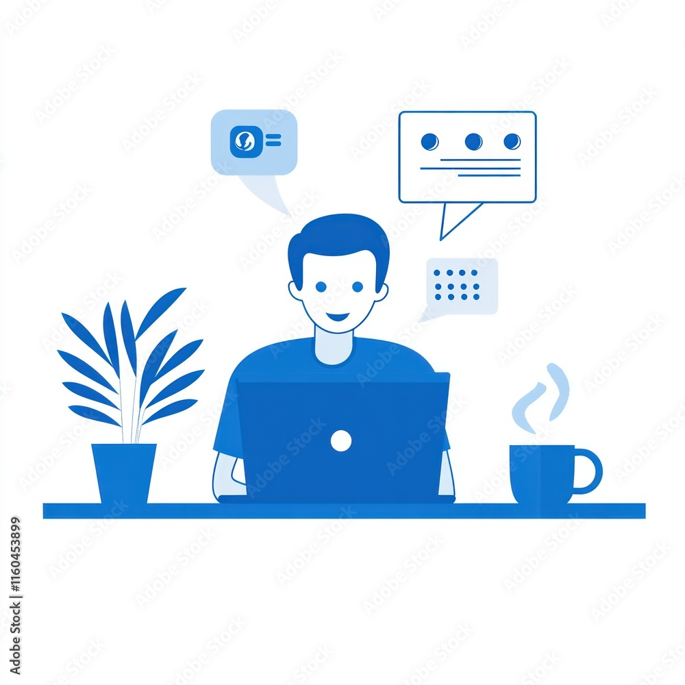 Poster man working on laptop with communication bubbles.