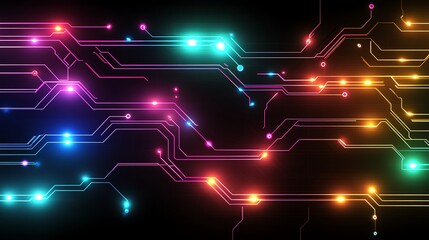 Colorful circuit board design with glowing lights.