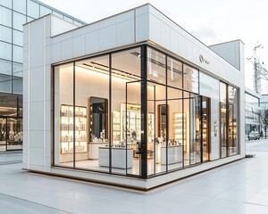 Chic white and gold container beauty store, elegant design, large glass panels, upscale shopping district, stylish clientele, dusk setting