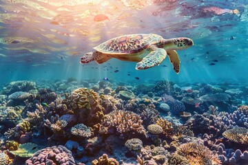 Fototapeta premium Underwater wildlife adventures in Maldives with sea turtle and coral reef.