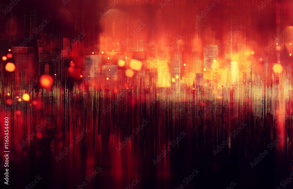 Poster abstract cityscape background featuring bokeh lights and glowing neon effects on a dark red gradient