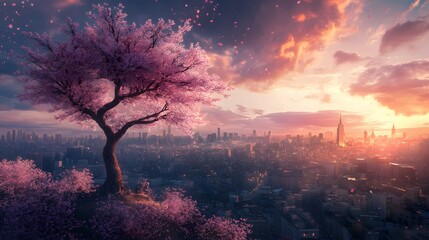 A magnificent and beautiful cherry blossom tree standing alone, with a beautiful view of the city buildings
