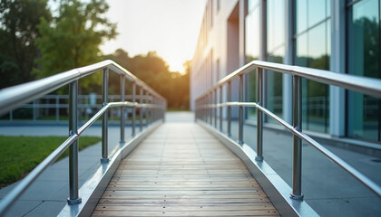 Obraz premium Modern wheelchair ramp with railings in sunlight