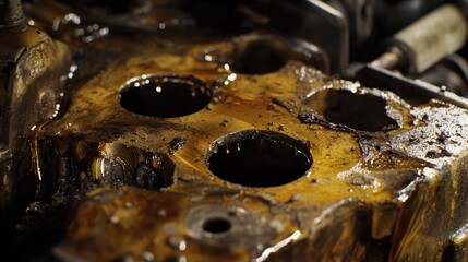 Close-up of a cracked engine block. Featuring oil leaks and visible damage