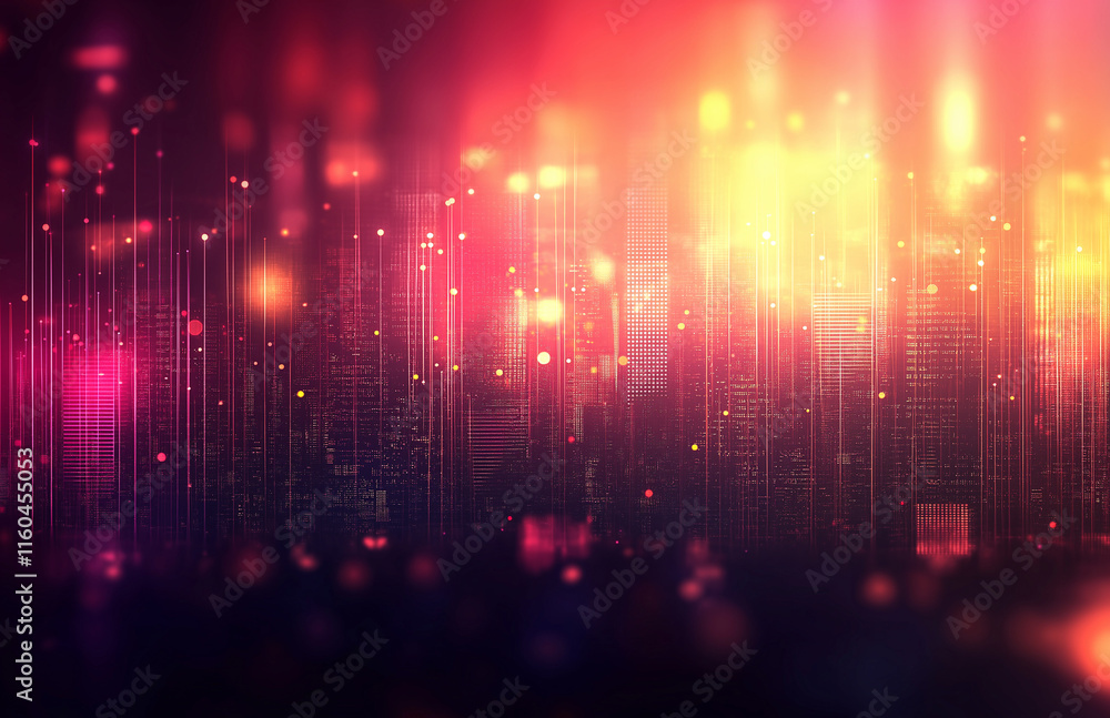Poster abstract cityscape background featuring bokeh lights and glowing neon effects on a dark red gradient