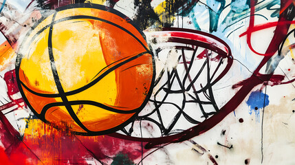 Abstract basketball painting with graffiti-style design featuring a basketball in the center, vibrant and dynamic composition