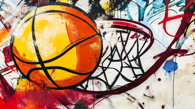 Abstract basketball painting with graffiti-style design featuring a basketball in the center, vibrant and dynamic composition