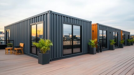 Naklejka premium Industrialchic gray container beauty boutique with rooftop seating, modern design, trendy urban market, stylish crowd, twilight hour