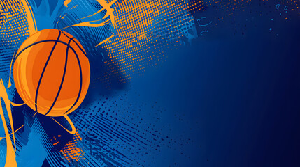 Abstract vector banner design with basketball elements on blue background featuring orange and navy colors in high resolution