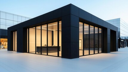 Sleek black and silver container beauty store with large glass windows, minimalist design, busy urban street, evening shoppers