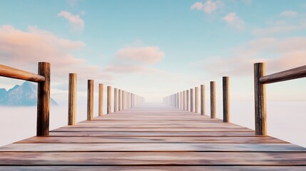Obraz premium Serene Wooden Dock Extending into Misty Morning Photo: Wide Shot. AI Generated