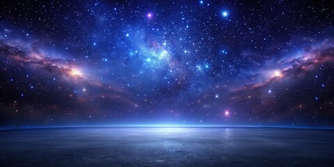Fototapeta premium A Celestial Seascape Tranquil waters meet a breathtaking expanse of stars, nebulae, and cosmic dust, creating a serene and awe-inspiring night sky scene.