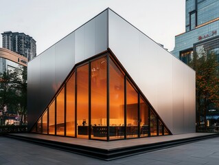 Sleek silver container cosmetic boutique with angular design, reflective glass facade, busy city center, neon lighting, evening shoppers