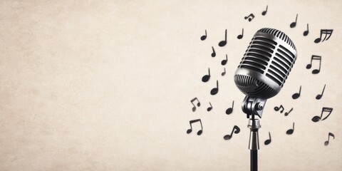 Fototapeta premium A vintage microphone surrounded by musical notes, symbolizing music, creativity, and performance.