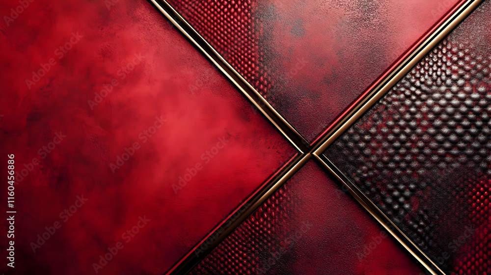 Poster a textured red background with geometric patterns and metallic accents.