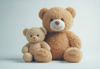 Obraz premium A heartwarming teddy bear cuddling its baby on a clean white backdrop, creating an endearing symbol of love and comfort.