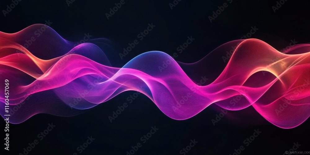 Poster a vibrant wave of flowing colors in pink and purple, set against a dark background, creating a dynam