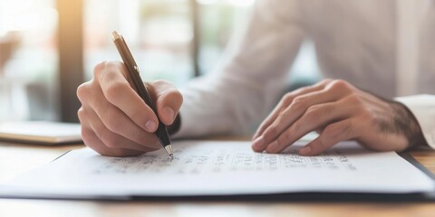 A close-up of a person writing with a pen on paper, showcasing focused hands and a warm, softly lit workspace.