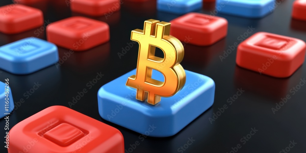 Poster a golden bitcoin symbol stands prominently on a blue square surrounded by red squares, representing 