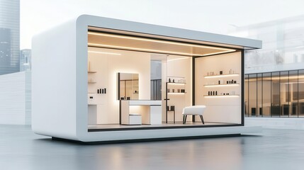 Modern white and silver container beauty shop, futuristic design, sleek accents, set in a bustling city plaza, evening glow
