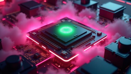 Futuristic Computer Processor in Cloud Environment with Vibrant Neon Colors

