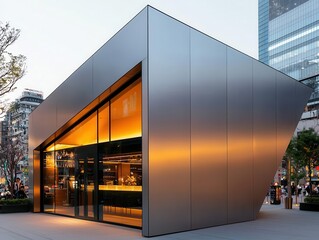 Sleek silver container cosmetic boutique with angular design, reflective glass facade, busy city center, neon lighting, evening shoppers