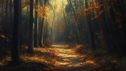 Fototapeta premium A narrow, rustic forest trail covered in golden leaves, surrounded by towering trees glowing in autumn colors under gentle sunlight 