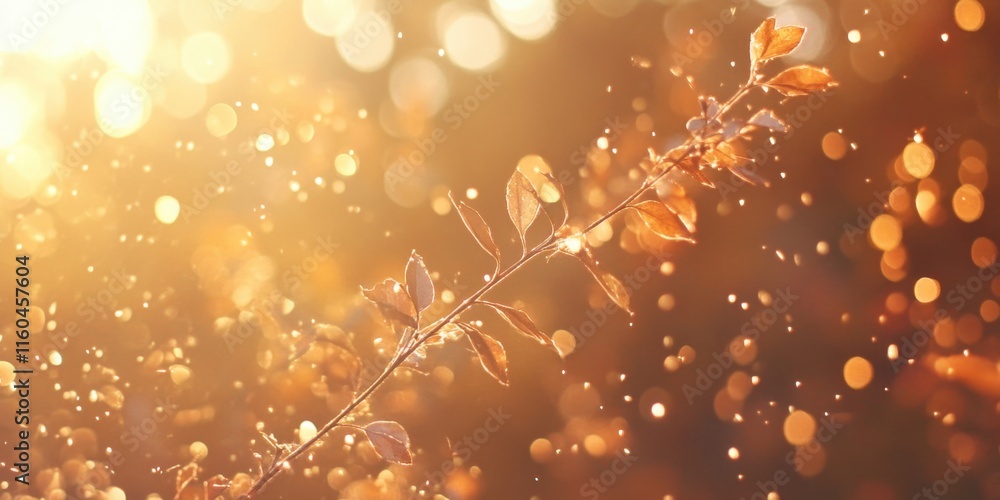 Poster a glowing branch with leaves surrounded by sparkling bokeh lights, creating a warm and enchanting at