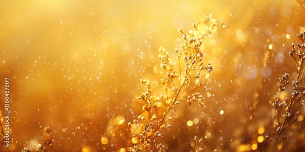 Poster a shimmering golden scene with delicate droplets and soft light, creating a dreamy and magical atmos