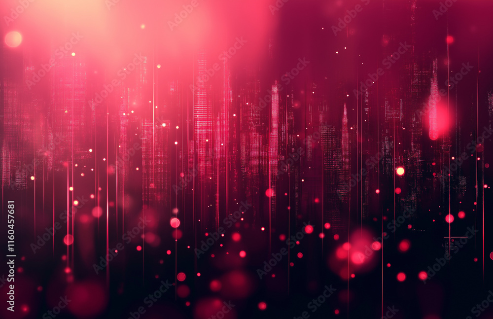 Poster abstract cityscape background featuring bokeh lights and glowing neon effects on a dark red gradient