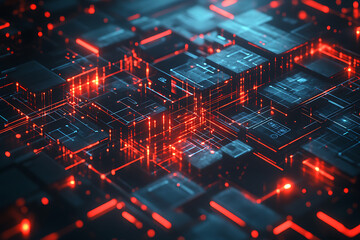 Obraz premium Geometric Circuitry: Interconnected Blocks with Glowing Red Accents