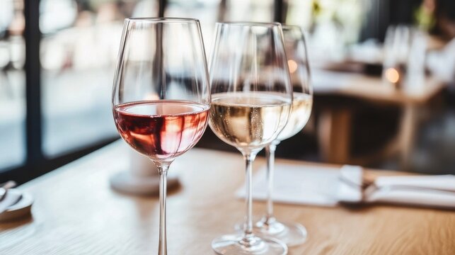 Elegant wine glasses with rose and white wine on a wooden table in a bright and modern restaurant setting, perfect for dining and celebration themes - Powered by Adobe