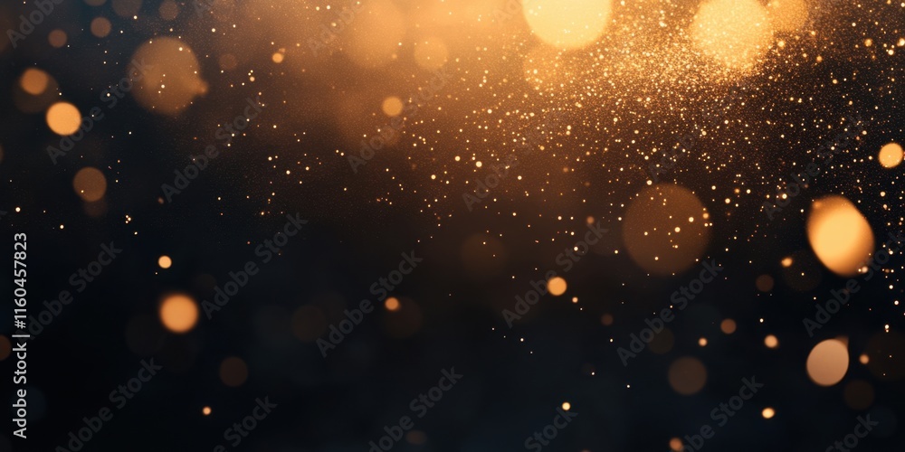 Poster a mesmerizing close-up of golden particles shimmering in a dark background, creating a magical and e