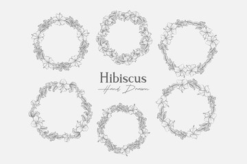 Set of Hibiscus Line Art Laurel Wreath